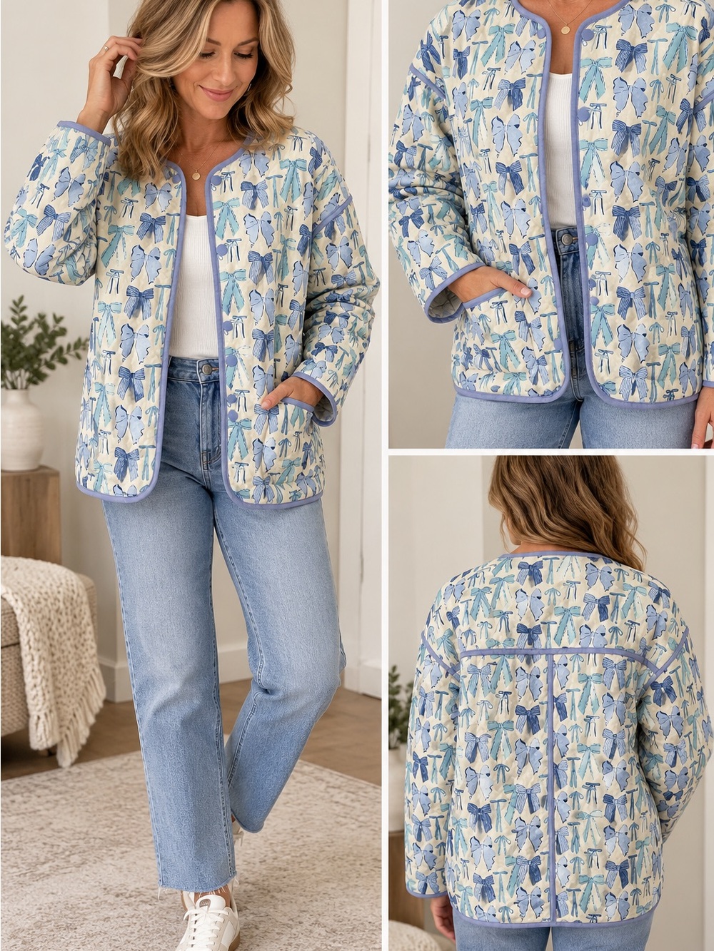 NWT Entro Blue Bow Print Quilted Jacket Size Medium